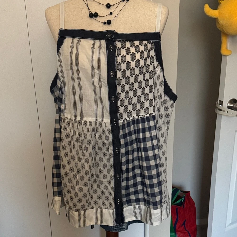 NWT Pilcro navy blue and White Patchwork babydoll top - Picture 2 of 5